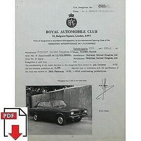 1973 Chrysler Hillman Hunter FIA homologation form PDF download (RAC)